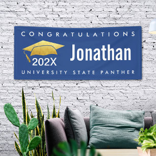 Graduation Modern Bold Simple Gold Cap Navy Blue Banner