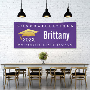 Graduation Modern Bold Simple Gold Cap on Purple Banner