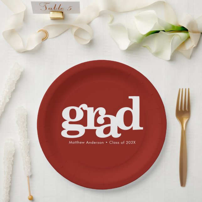 Graduation modern bold simple typography brick red paper plate (Wedding)