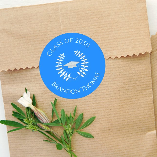 Graduation Modern Classic Laurel Simple Blue Classic Round Sticker (Creator Uploaded)
