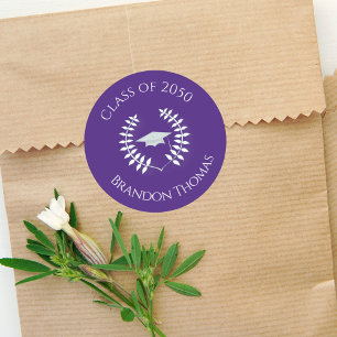 Graduation Modern Classic Laurel Simple Purple Round Sticker
