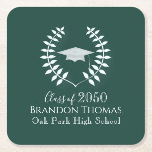 Graduation Modern Classic Mortarboard Dark Green Square Paper Coaster
