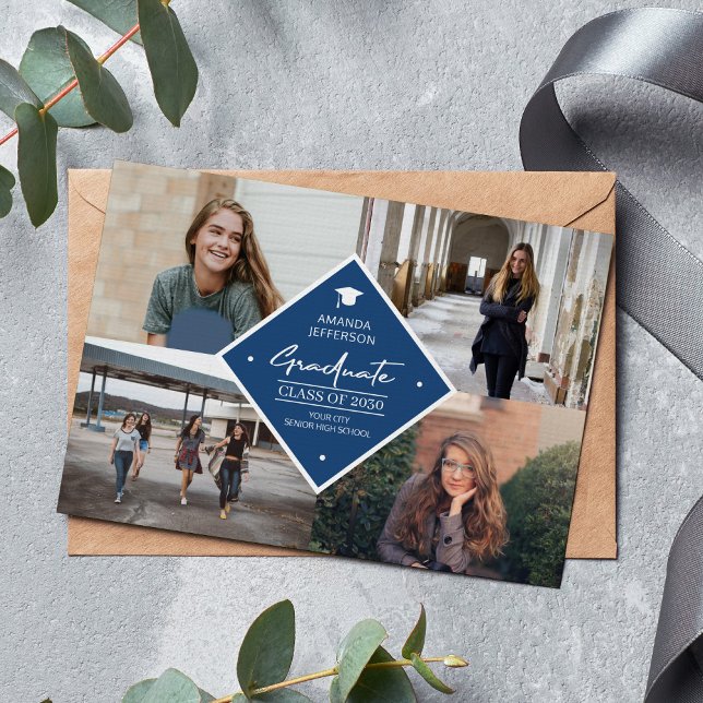 Graduation modern elegant script 4 photo collage a announcement (Creator Uploaded)