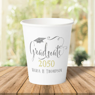 Graduation Modern Elegant Script Mortarboard Gold Paper Cups