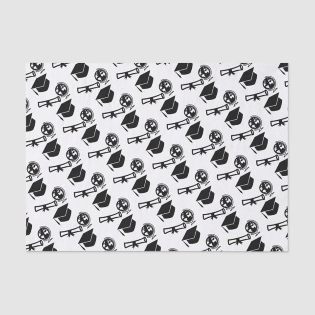 Graduation Modern Icons Black and White Tassel Cap Tissue Paper (Front)