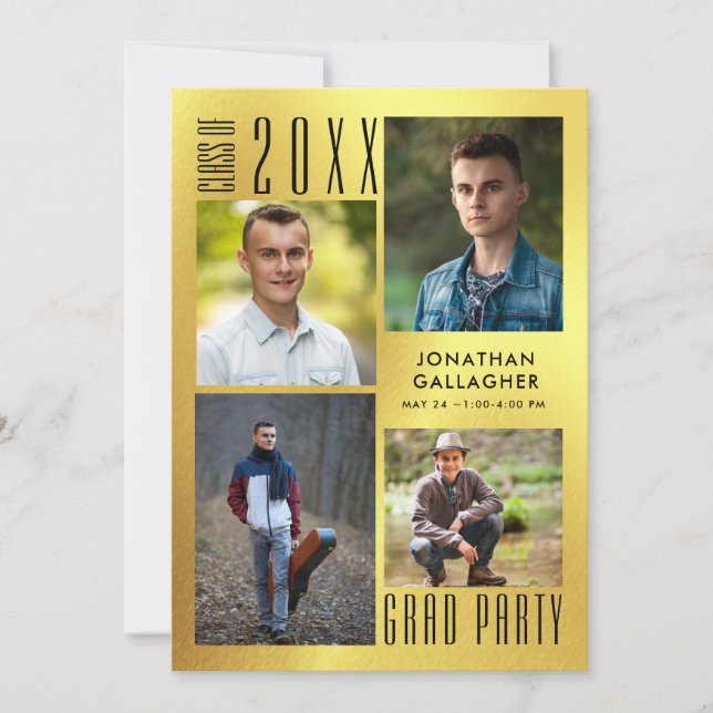 Graduation Modern Metallic Gold Sleek Black Invitation (Front)