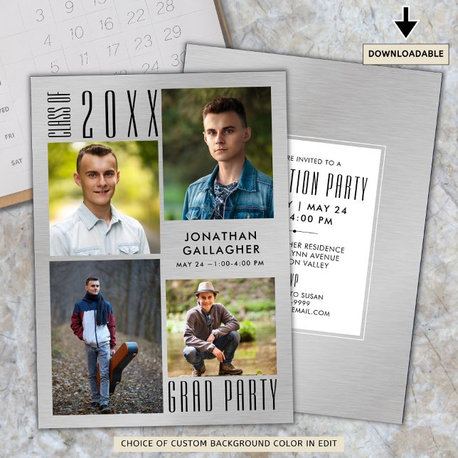 Graduation Modern Metallic Silver Sleek Black Invitation (Creator Uploaded)