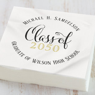 Graduation Modern Minimalist Script Gold Black Napkin