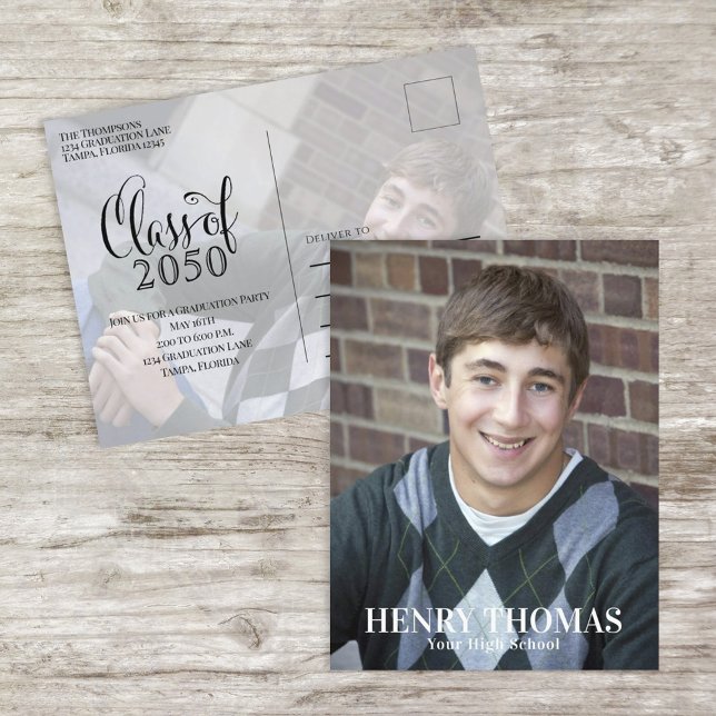Graduation Modern Minimalist Two Photo Script Postcard (Stylish script grad announcement with refined modern layout.)