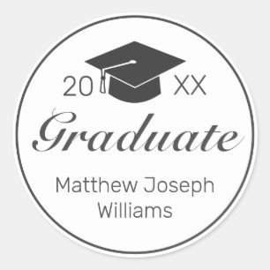 Graduation Modern Minimalist White Black Classic Round Sticker
