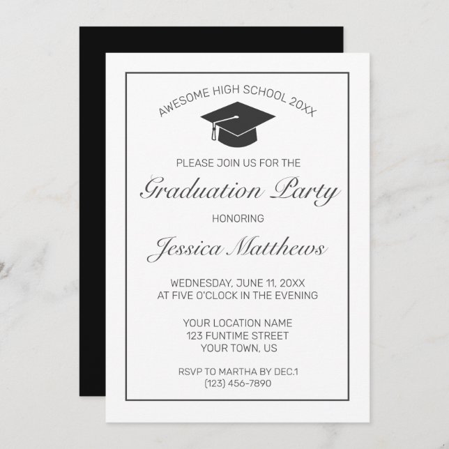 Graduation Modern Minimalist White Black Invitation (Front/Back)