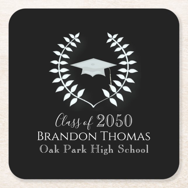 Graduation Modern Mortarboard Classic Basic Black Square Paper Coaster (Front)