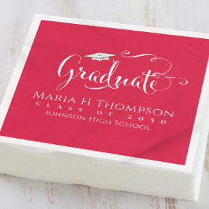 Graduation Modern Mortarboard Script Crimson Red Napkin