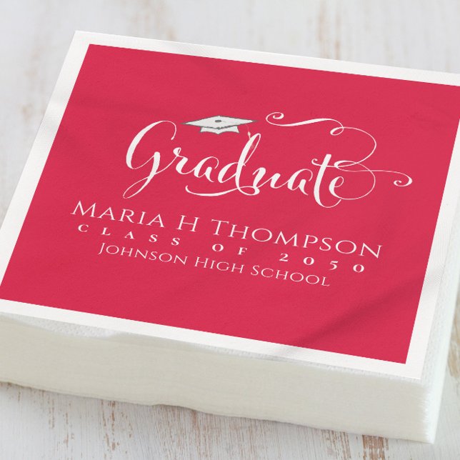 Graduation Modern Mortarboard Script Crimson Red Napkin (Creator Uploaded)