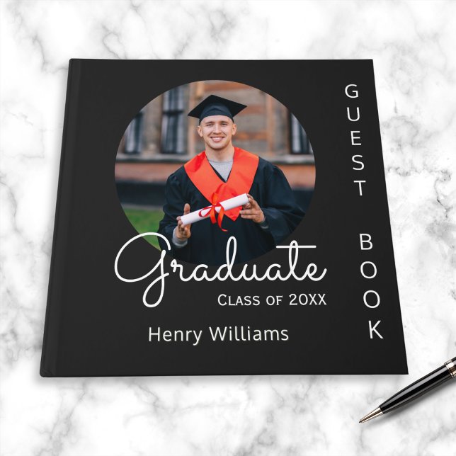 Graduation Modern Photo Keepsake Custom Graduate Guest Book (A black guest book for graduation, personalized with photo, name and 'class of' year)