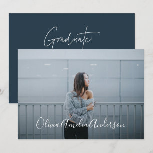 Graduation modern photo script typography blue invitation