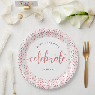 Graduation modern rose gold glitter dots & script paper plate
