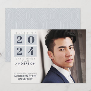 Graduation Modern Squares Grey & Navy Photo Invitation