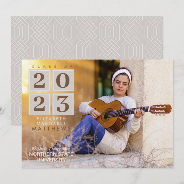 Graduation | Modern Squares Tan & Brown Photo Invitation (Front/Back)