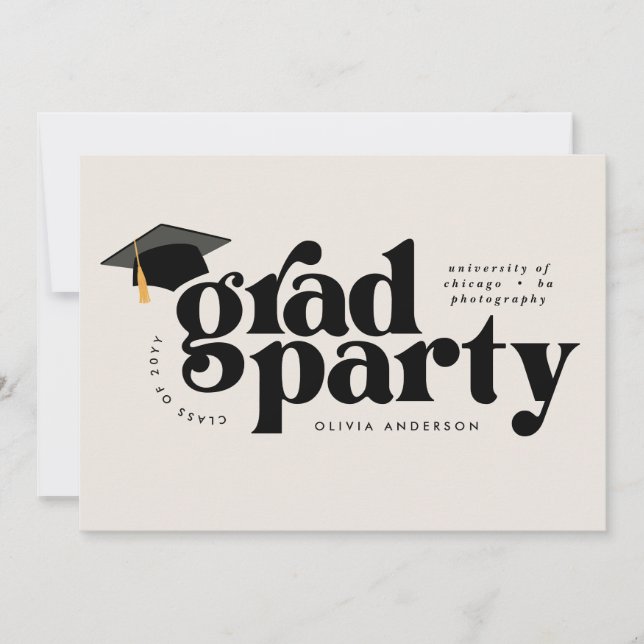Graduation modern stylish typography black & white invitation (Front)