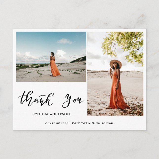 Graduation Modern Thank You Script Two Photo Postcard (Front)