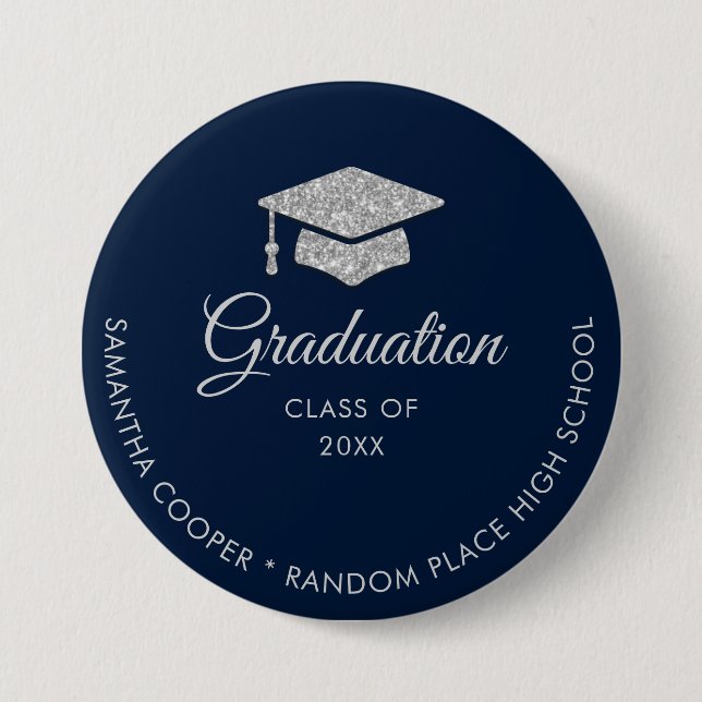 Graduation Modern Typography Navy Blue Script 7.5 Cm Round Badge (Front)