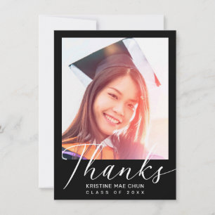 Graduation Modern White Script Photo Black Thank You Card