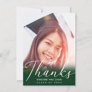Graduation Modern White Script Photo Green Thank You Card
