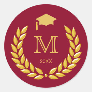 Graduation Monogram Gold Laurel on Maroon Classic Round Sticker