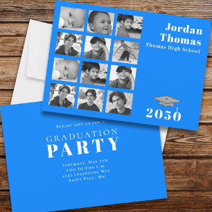 Graduation Multi Photo Collage Minimalist Blue Invitation