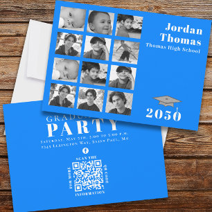 Graduation Multi Photo Collage Simple Blue QR Code Invitation