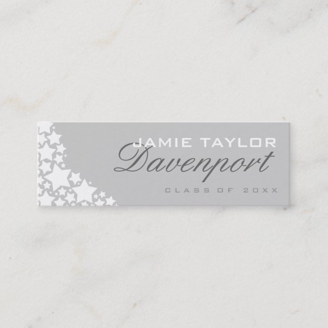 Graduation Name Card Light Grey White Stars (Front)