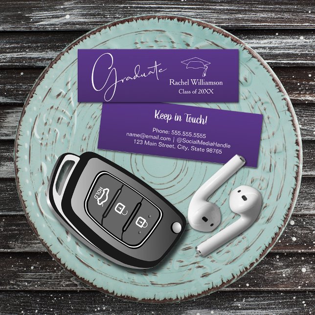 Graduation Name Class Details Purple Calling Card (Small purple Graduation Calling Cards are 3" x 1", hand out to friends keep in touch
)