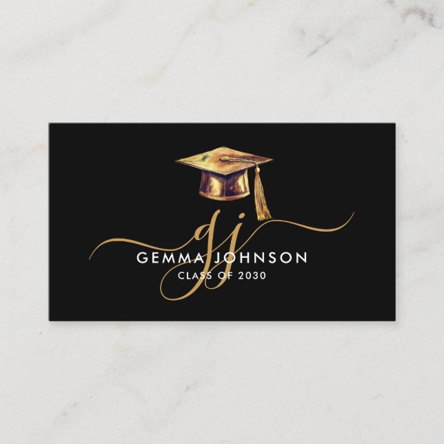 Graduation Name Gold Monogram Black Insert Card (Front)