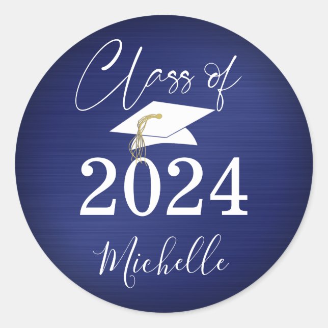 Graduation Navy Blue Cap Script Year Faux Metallic Classic Round Sticker (Front)