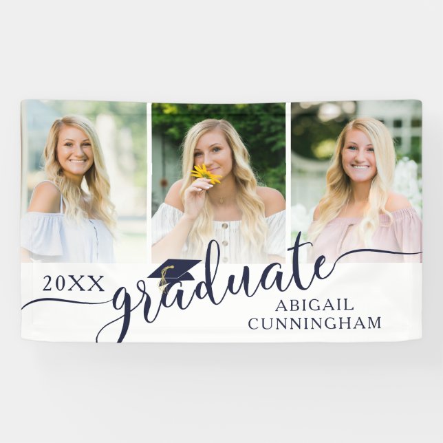 Graduation Navy Blue Fancy Script 3 Photos Banner (Horizontal)