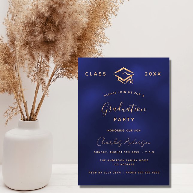 Graduation navy blue gold simple 2024 invitation postcard (Creator Uploaded)