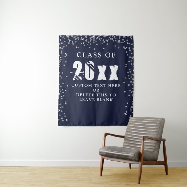 Graduation Navy Blue Silver Confetti Class Year Tapestry (In Situ)