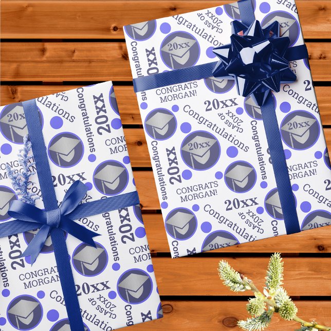 Graduation Navy Blue Silver Typography Add Year Wrapping Paper (Creator Uploaded)