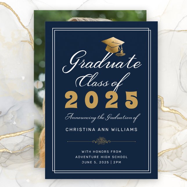 Graduation Navy Gold Script Photo Class of 2025 Announcement (Navy Blue Gold  White Script Back Photo Class of 2025 Announcement)