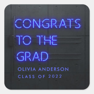 Graduation neon blue typography modern congrats  square sticker