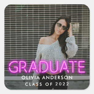 Graduation neon pink photo modern congrats square  sticker