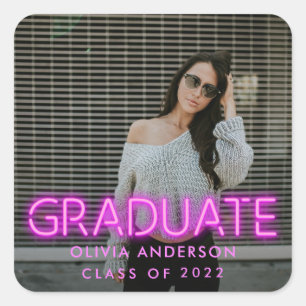 Graduation neon pink photo modern congrats square sticker