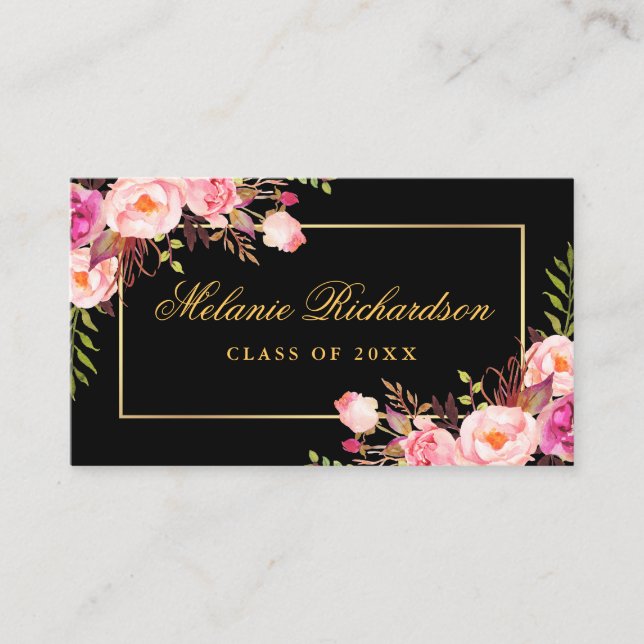 Graduation Networking Gold Pink Floral Business Card (Front)