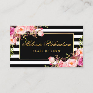 Graduation Networking Gold Pink Floral Striped Business Card