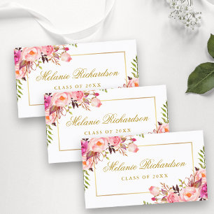 Graduation Networking Pink Floral Gold Business Card