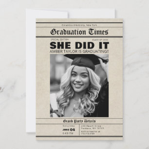 Graduation Newspaper She Did It B&W Photo Invitation