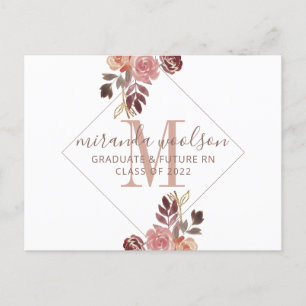 Graduation Nurse Monogram Floral  Announcement Pos Postcard