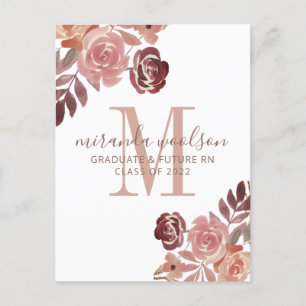 Graduation Nurse Monogram Pink Burgundy Floral Announcement Postcard