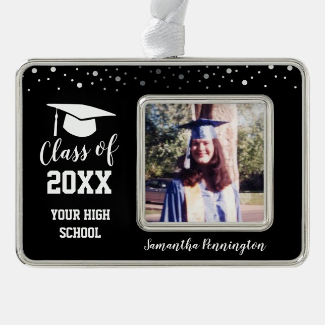Graduation One Photo Confetti Silver Plated Framed Ornament (Front)